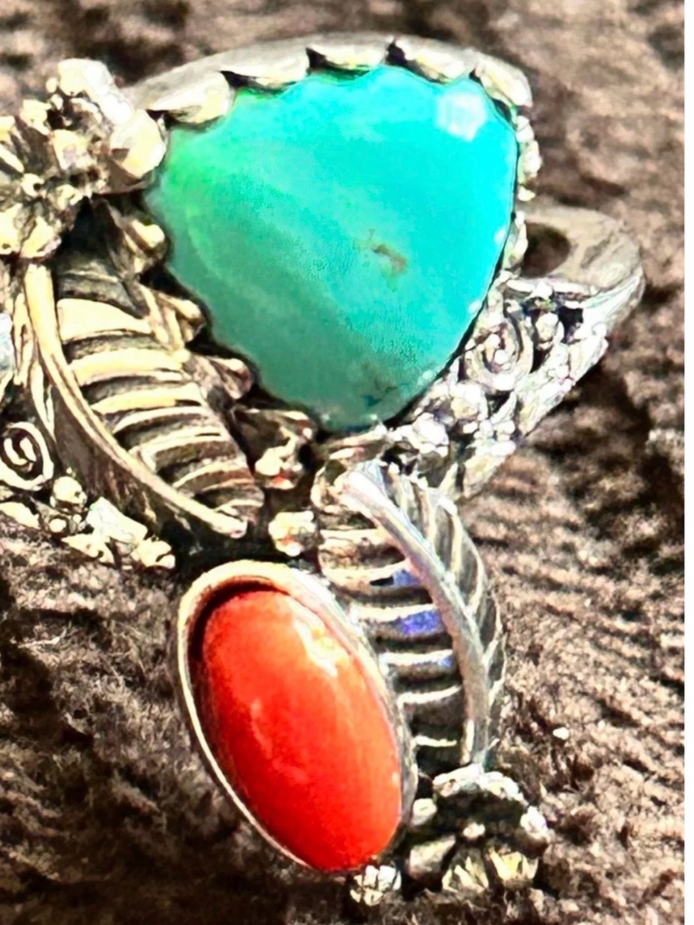 Sterling Silver Turquoise and Coral Leaf Ring - Women Jewelry